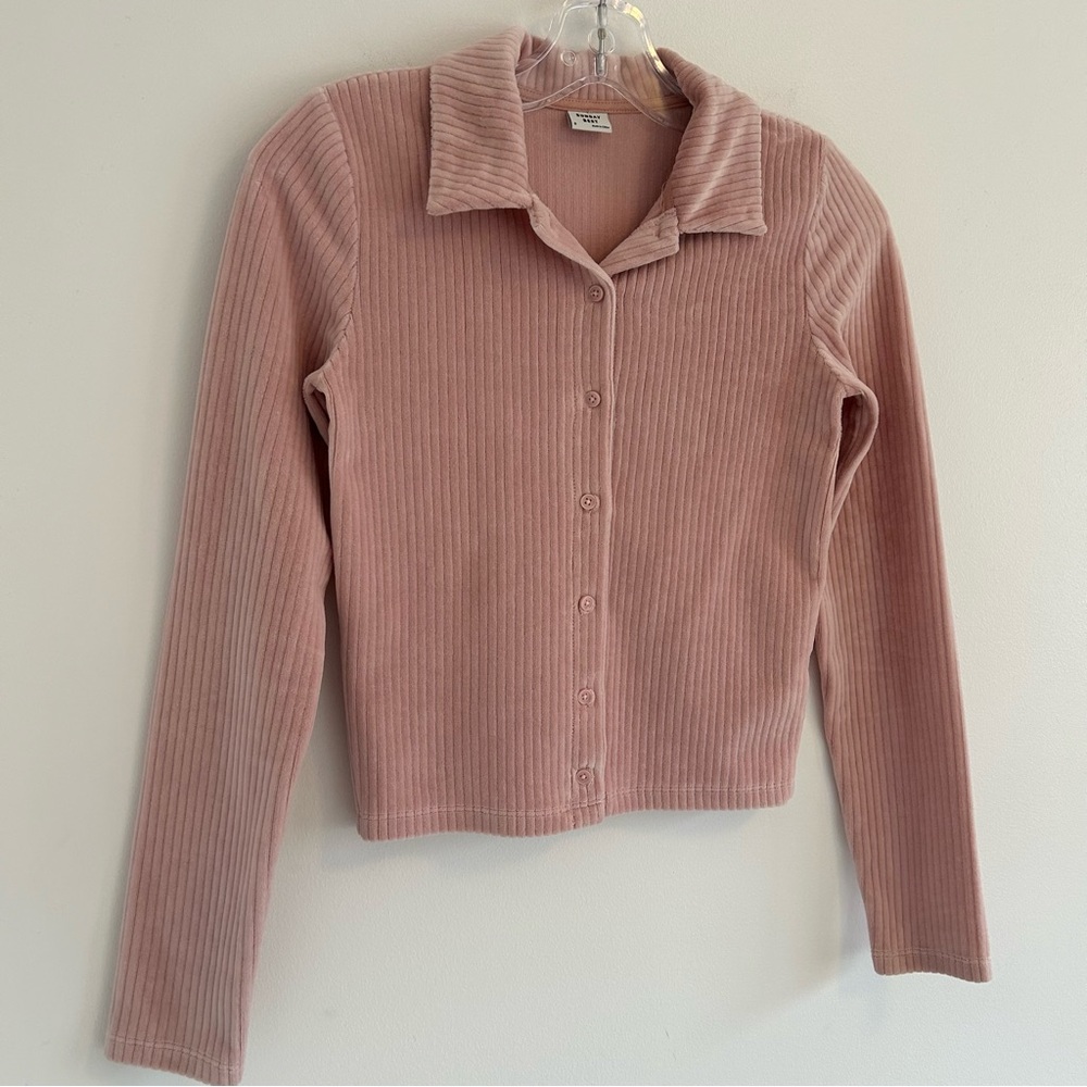 Sunday Best Pink Velour Button Down Top Size Small - Picture 1 of 11